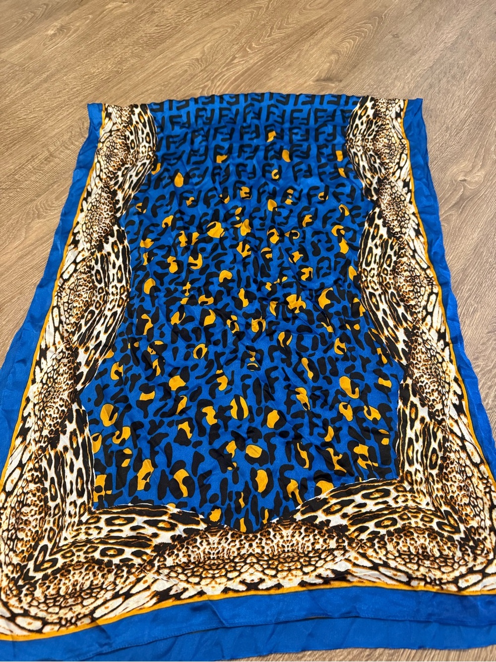 Fendi Blue Gold Leopard Print Silk Scarf